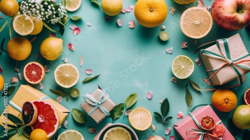 Citrus Fruits and Gift Boxes on Colorful Background