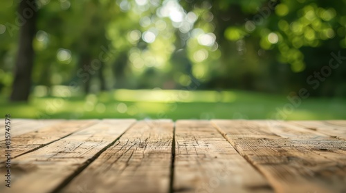 In the foreground, a selected focus empty wooden table with copy space stands, with the background fading into a blur of a serene park