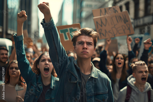 Vivid demonstration capturing the intensity and passion of a rally on a divisive issue in an urban setting photo