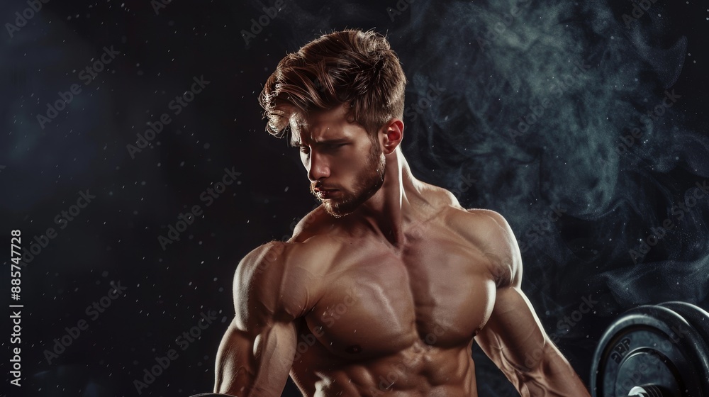 Obraz premium Portrait of handsome sporty man with naked muscular torso doing weight lifting 