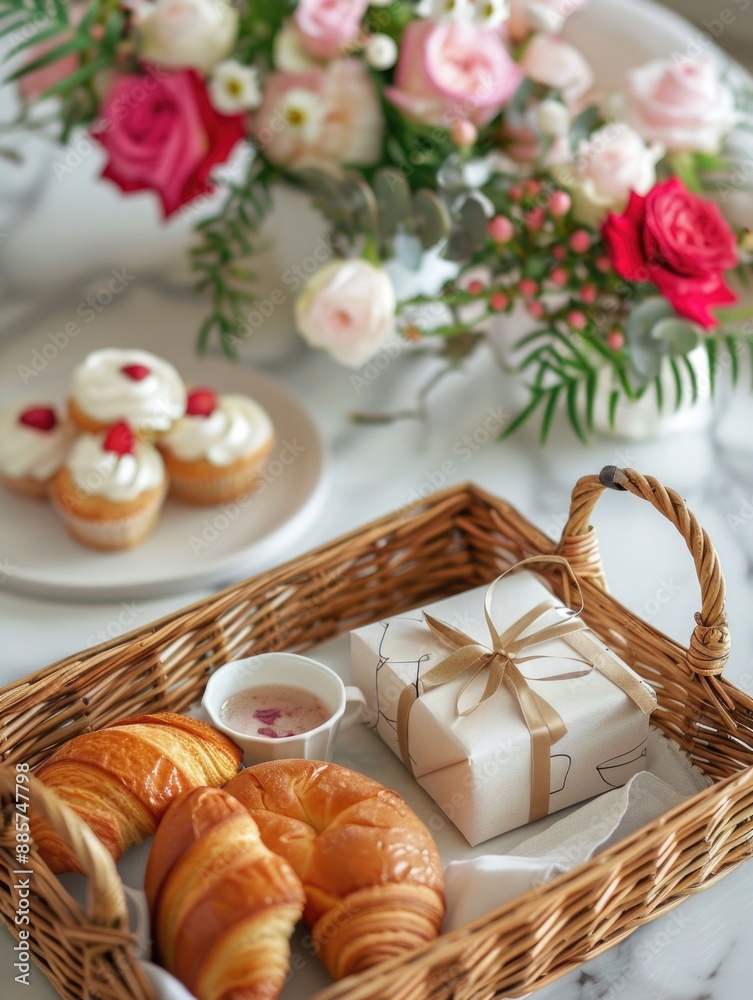 Freshly baked croissants and pastries displayed on a table Freshly baked croissants and pastries displayed on a table
