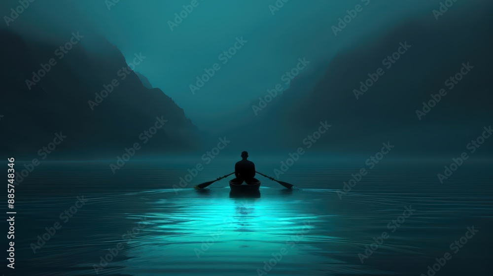 Rowing across a magical lake in a supernatural scene, the waters surface glowing with every stroke Rowing across a magical lake in a supernatural scene, the waters surface glowing with every stroke