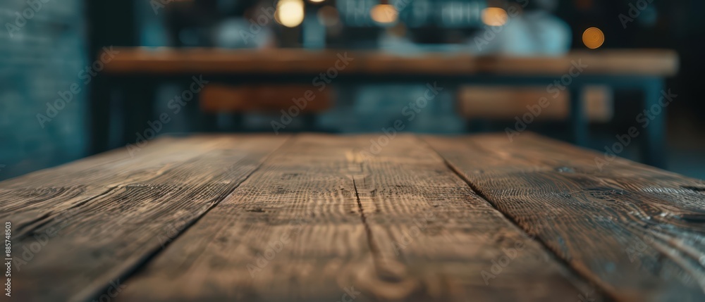 Selected focus empty wooden table, with a copy space, stands in the center of a bustling cafe with blurred chatter and soft lighting in the background