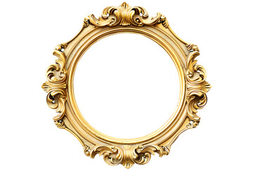 Antique baroque gold wooden round picture frame isolated on transparent background. Decorative elegant luxury frame design, rococo style. PNG, cutout.