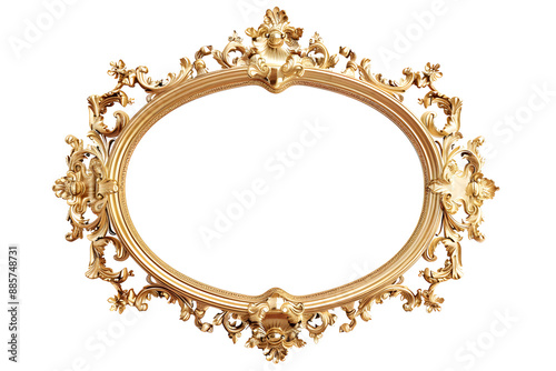 Antique baroque gold wooden oval picture frame isolated on transparent background. Decorative elegant luxury frame design, rococo style. PNG, cutout.