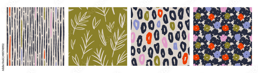 Naklejka premium Set of Abstract contemporary seamless pattern with hand drawn flower shapes, spots, dots and lines with textures. Vibrant boho print. Modern collage vector illustration