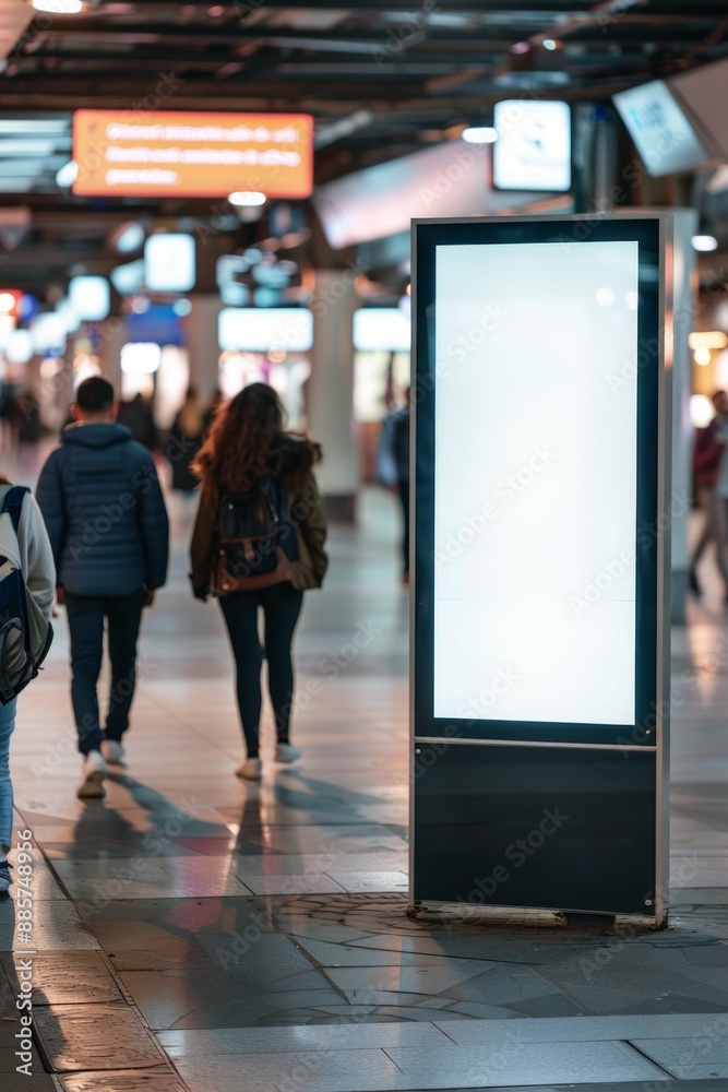 A blank, clean signboard mockup in a busy public area, with people passing by in the background A blank, clean signboard mockup in a busy public area, with people passing by in the background