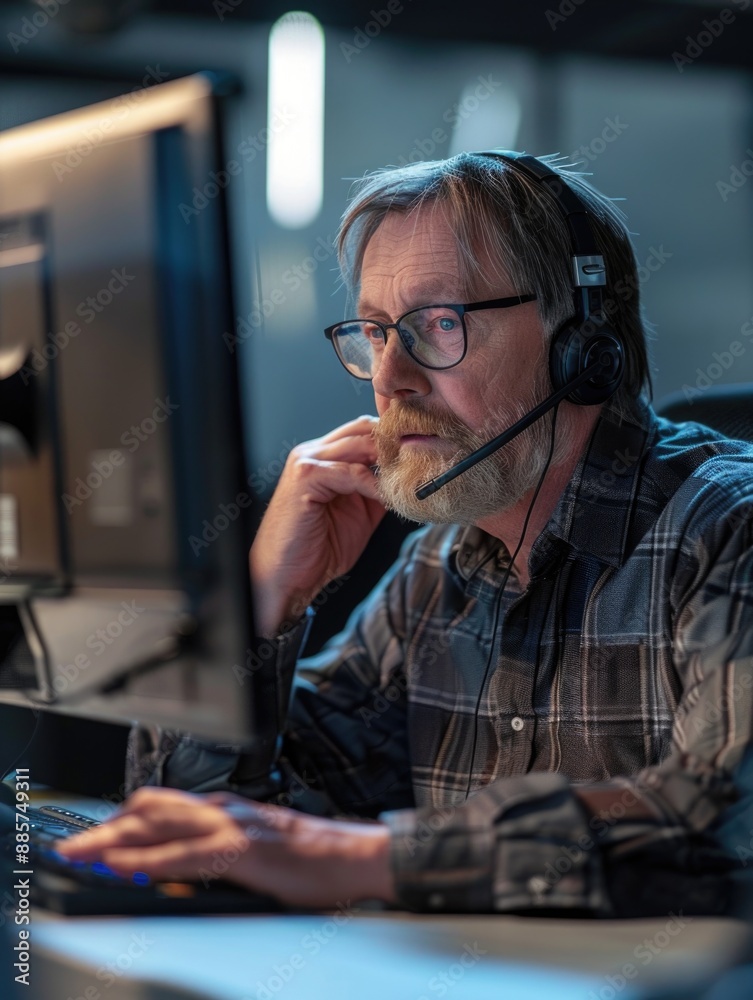 A person sitting in front of a computer, wearing a headset for online calls or gaming A person sitting in front of a computer, wearing a headset for online calls or gaming