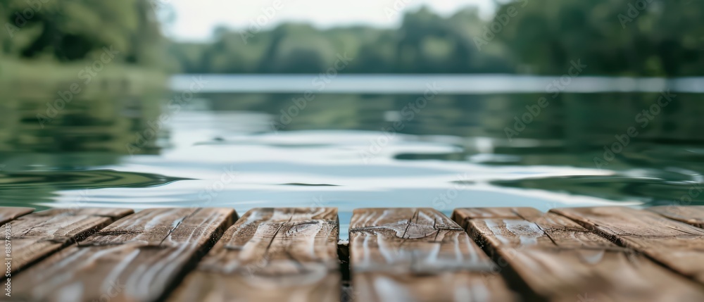 Fototapeta premium The empty brown wooden table sits by a tranquil lake, with the gentle ripple of water reflecting the beauty of nature