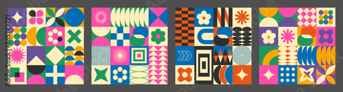 Abstract simple geometric seamless pattern with figure, form, shapes, circle and lines in retro style. Vibrant grunge geometry brutalism y2k 2000s print. Modern collage vector illustration