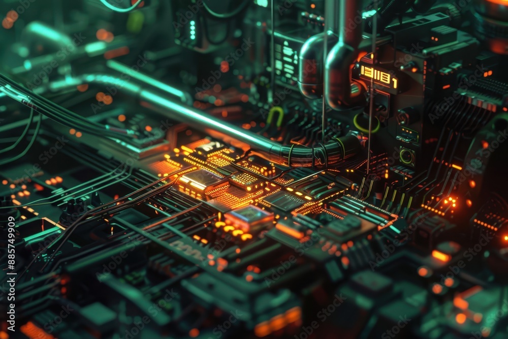 Cyberpunk-style automated testing machine evaluating code on a circuit board with a dark, futuristic backdrop Cyberpunk-style automated testing machine evaluating code on a circuit board with a dark, futuristic backdrop