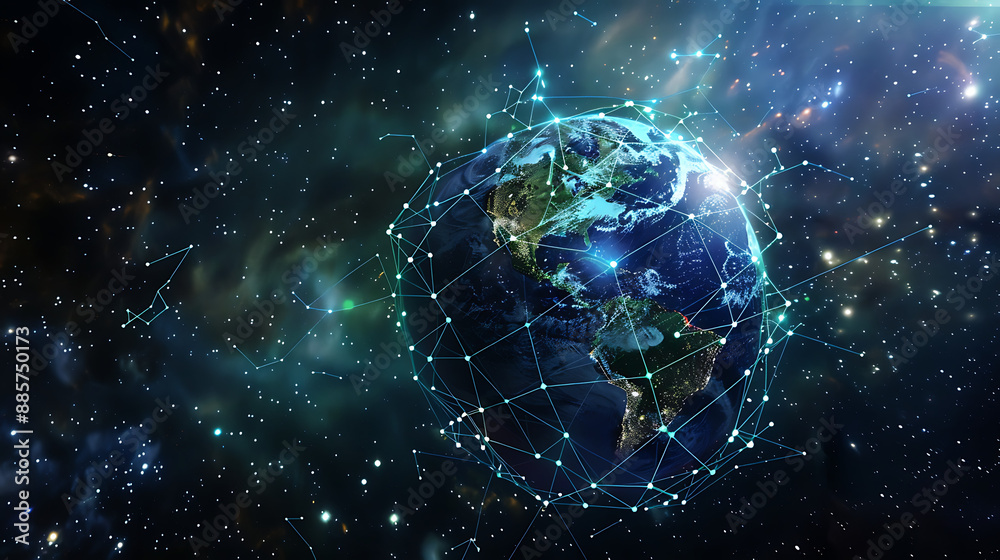 a stylized representation of Earth overlaid with a network grid. Against a backdrop of space, the Earth is portrayed in a non-realistic manner a stylized representation of Earth overlaid with a network grid. Against a backdrop of space, the Earth is portrayed in a non-realistic manner