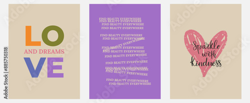 Aesthetic abstract pastel background with ispiration and motivation quotes and phrases posters on blurred pattern. Modern print for social media stories, album covers, banners, templates