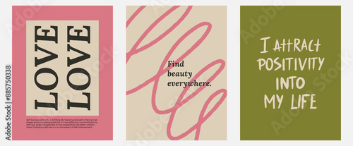 Aesthetic abstract pastel background with ispiration and motivation quotes and phrases posters on blurred pattern. Modern print for social media stories, album covers, banners, templates