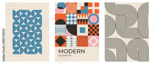 Set of trendy modern abstract geometric vector posters with circle, square line shape. Minimalistic print for wall art decoration, postcard or brochure cover design in retro style art