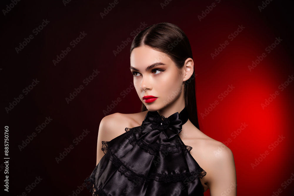 Photo of lady wear classy retro evening gown look copyspace isolated red vivid color background
