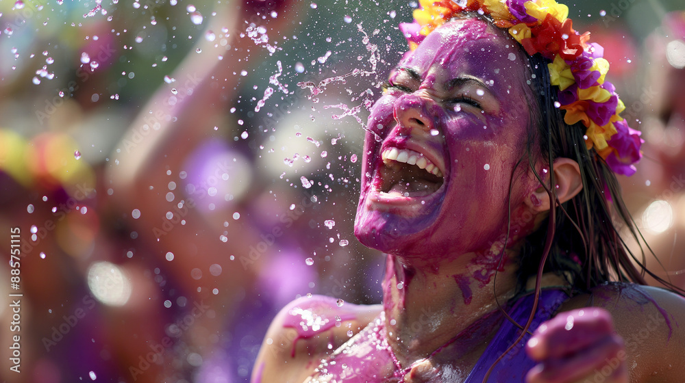Woman laughing, splattered with red wine at festival. Woman laughing, splattered with red wine at festival.