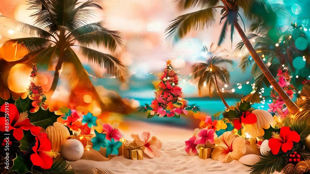 Tropical island decorated with Christmas lights and ornaments. Tropical palm trees, sandy beach and turquoise sea. Happy New Year, holiday atmosphere. Christmas celebration on tropical island