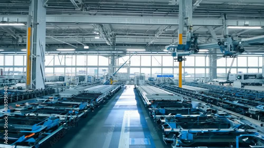 Multiple robotic arms working in unison to weld EV car frames in a state-of-the-art factory. Multiple robotic arms working in unison to weld EV car frames in a state-of-the-art factory.