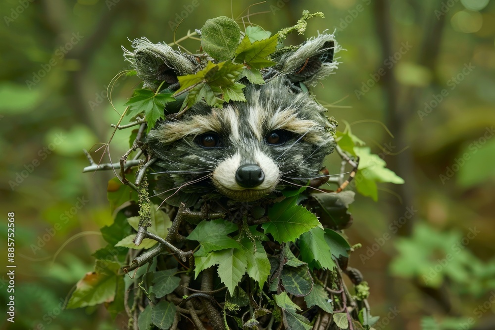 Obraz premium Peeking raccoon disguise in enchanted forest camouflaged with leaves and nature. Wildlife and greenery. Creating a whimsical and imaginative outdoor habitat in a fantasy woodlands setting