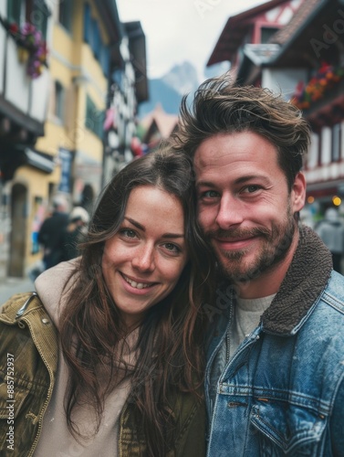 A couple standing in front of a building, possibly awaiting an event or waiting for someone