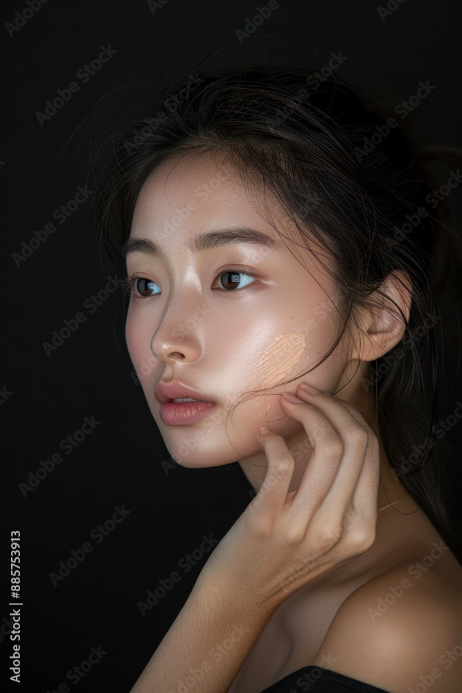 Naklejka premium Asian model woman face close-up beauty studio promo. Applies foundation with finger elegance updo hairstyle. Gaze directed off to side lost in thought observing outside frame.