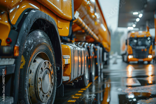 A Yellow Truck's Tire Under a Rainy Sky at a Fueling Station