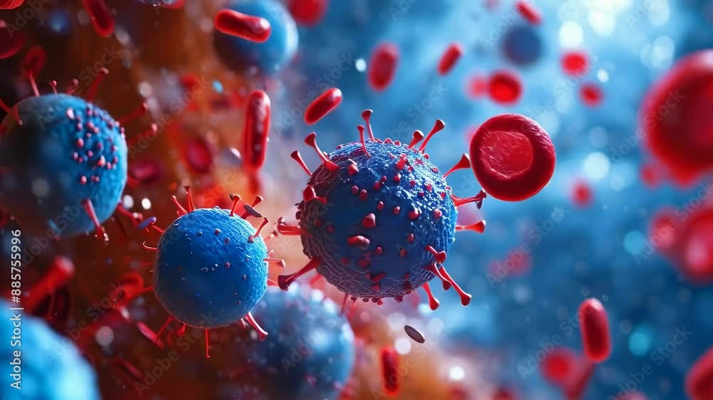 A detailed close-up depicting viruses and red blood cells within a bloodstream. The viruses appear as blue, spiky spheres while the red blood cells float around. The image suggests the presence of an