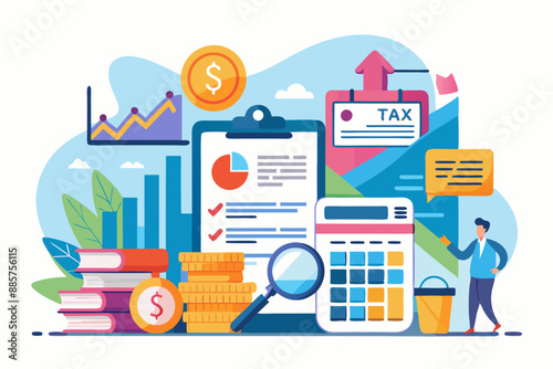 Concept tax payment. Tax Data analysis, paperwork, financial research report and calculation of tax return. Payment of debt. Government state taxes. Flat vector illustration