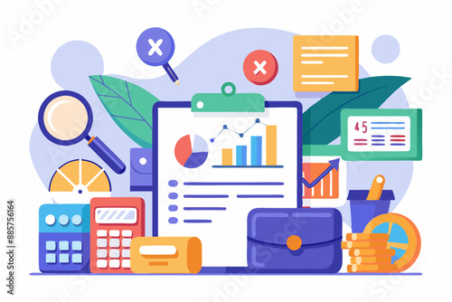 Concept tax payment. Tax Data analysis, paperwork, financial research report and calculation of tax return. Payment of debt. Government state taxes. Flat vector illustration