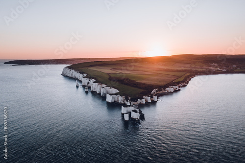 aerial footage of Old Harry Rocks at sunset in autumn
