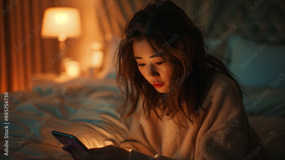 Portrait of a girl looking at her phone in her bed Portrait of a girl looking at her phone in her bed
