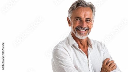 Handsome man 50s mid age beautiful physically fit well groomed senior model grey hair and beard smiling Healthy face skin care skincare hair care fitness dental off center copy space white background