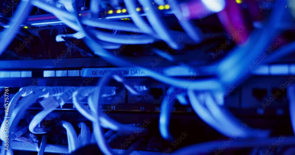 Computer engineering, data centre and server room for network infrastructure and protection of company information. Business, IT support and modern internet, neon and rows of wires for connection Computer engineering, data centre and server room for network infrastructure and protection of company information. Business, IT support and modern internet, neon and rows of wires for connection