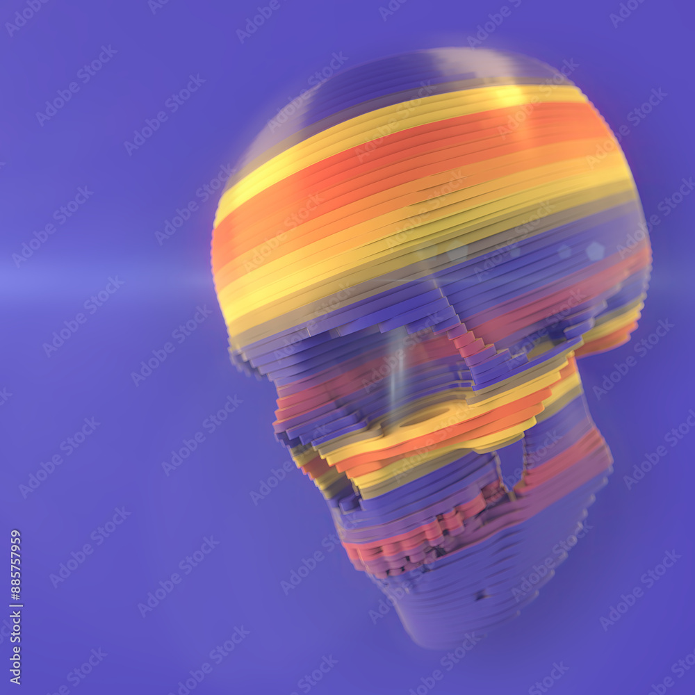 Illustration of a layered human skull made of colored stripes on a purple background. 3d rendering Illustration of a layered human skull made of colored stripes on a purple background. 3d rendering