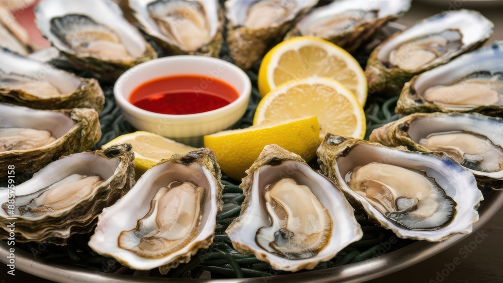 A plate of oysters with lemon wedges and a dipping sauce, AI A plate of oysters with lemon wedges and a dipping sauce, AI