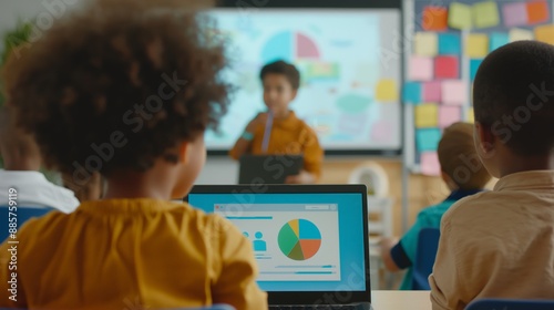 Wallpaper Mural Teacher Explaining a Math Lesson to a Classroom Full of Bright Diverse Children in Primary School. Little Black Boy Browsing a Presentation on a Laptop Computer Torontodigital.ca