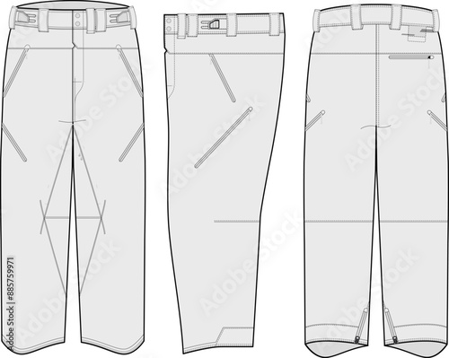 Functional Snow Pants Technical Fashion Illustration Mock-up Mountain Bottoms Template for Design and Tech Packs featuring Front and Back Views	