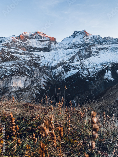 Snowy mountain peak in autumn