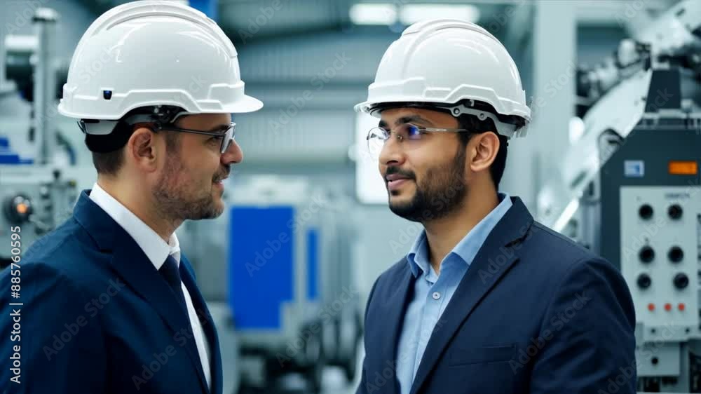 Two engineers in hardhats discussing in a factory, surrounded by industrial machinery and equipment. Two engineers in hardhats discussing in a factory, surrounded by industrial machinery and equipment.