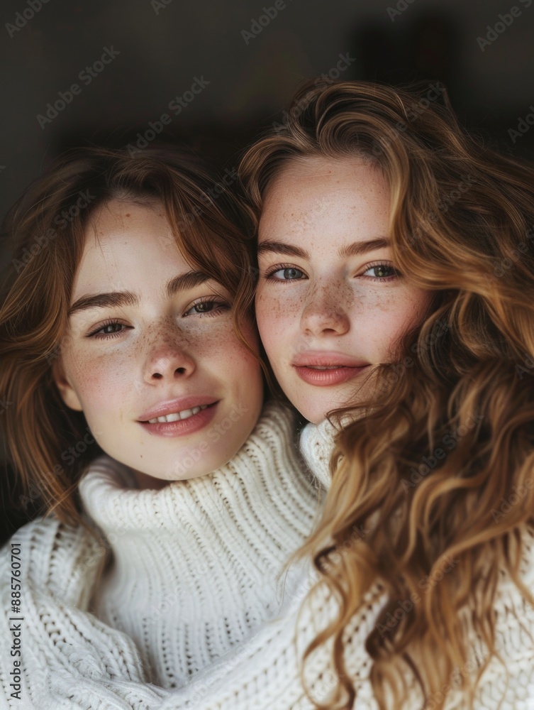 Portrait of two females smiling and holding hands or arms around each other, possibly friends or couple Portrait of two females smiling and holding hands or arms around each other, possibly friends or couple