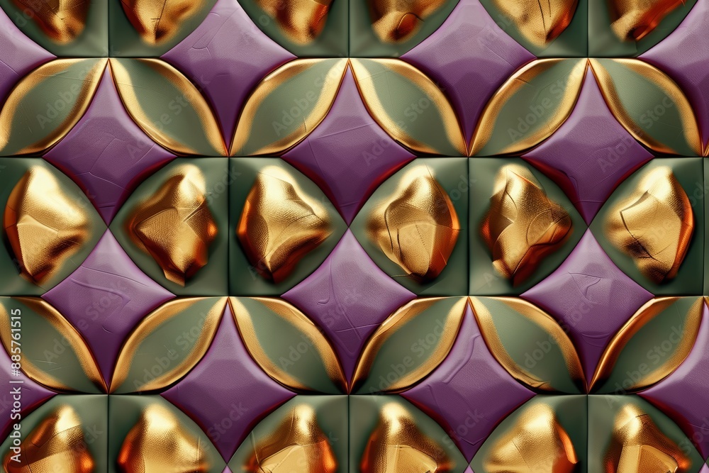 Luxurious abstract geometric pattern with rich green, purple and gold tones, featuring intricate details and a plush texture Luxurious abstract geometric pattern with rich green, purple and gold tones, featuring intricate details and a plush texture
