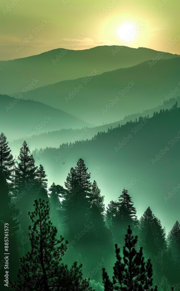 Fototapeta premium Green mountain landscape with pine trees in the foreground