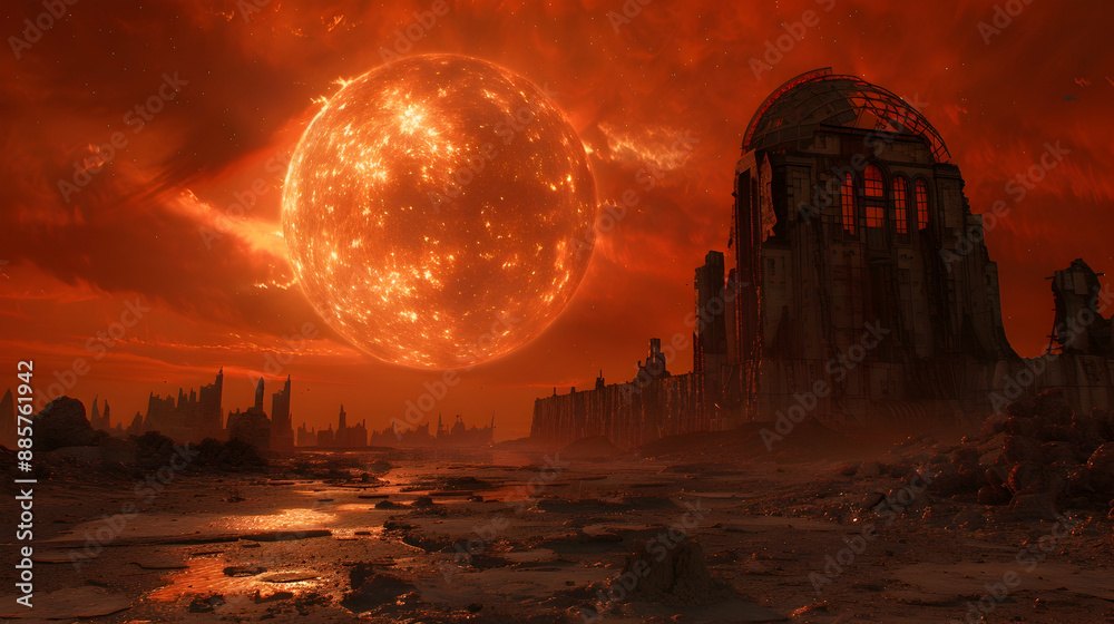 Fototapeta premium A dystopian solar planet with a bleak, desolate landscape and a dark red sky