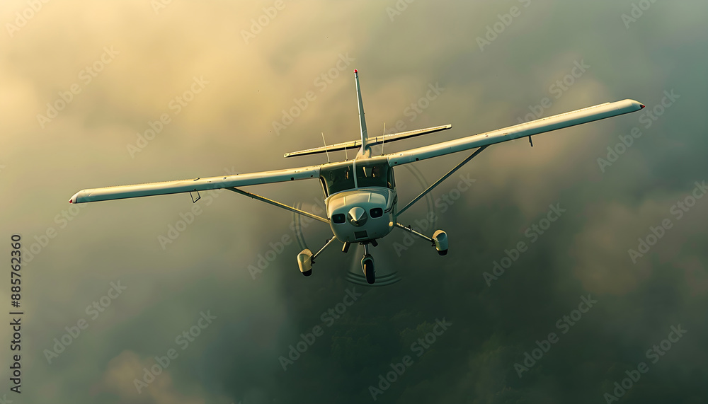 Fototapeta premium Private Small airplane. Small Aircraft in fly action above Summer mountains background. Hight view. Natural Morning light and shadows. Sunrise time. Foggy.