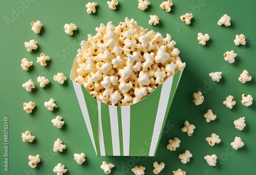 A close-up view of a striped paper container or bowl filled with fresh butter popcorn kernels against a bright satin velvet like green screen background photo