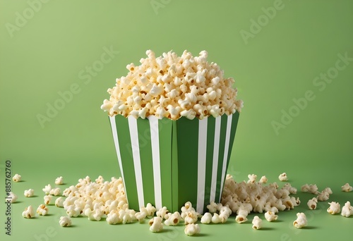 A close-up view of a striped paper container or bowl filled with fresh butter popcorn kernels against a bright satin velvet like green screen background