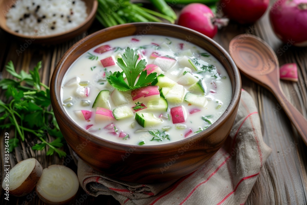 Bowl of vegetable soup with parsley garnish on a wooden table. Bowl of vegetable soup with parsley garnish on a wooden table.