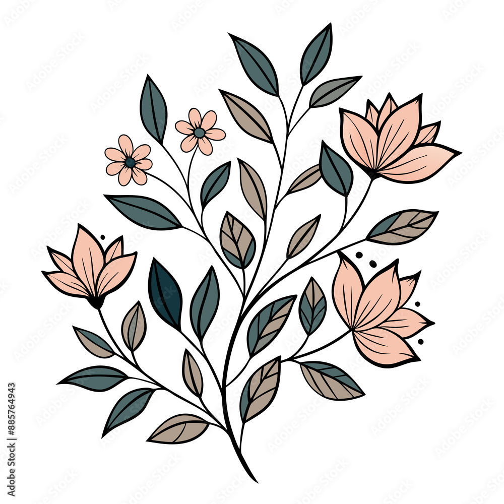 A stylized botanical design features a sprig with green leaves and pink blossoms. A stylized botanical design features a sprig with green leaves and pink blossoms.