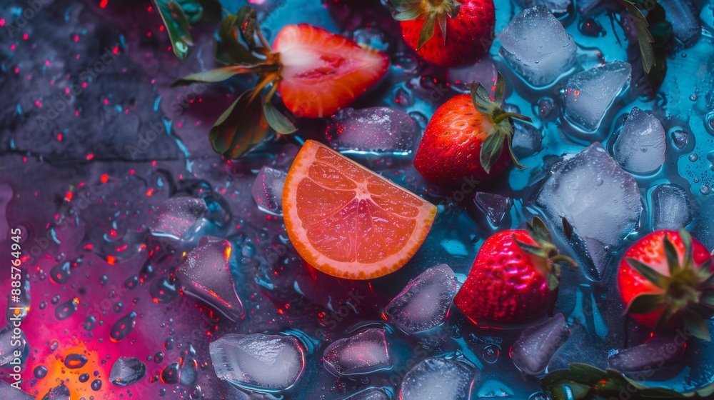 Fototapeta premium Fruits and Ice Cubes on Colorful Background